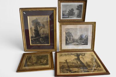 four framed pictures of a landscape and a river in a gold frame