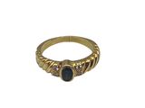 a close up of a gold ring with a blue stone