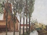 painting of a river running through a rural area with a barn in the background