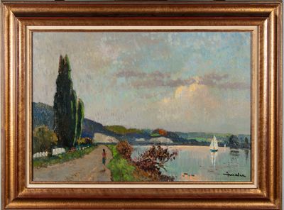 une peinture à l'huile représentant un voilier sur l'eau, près du rivage
