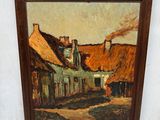 an oil painting of a village street with a red umbrella