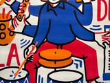 a picture of a poster with a man playing drums