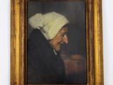 an old painting of a man with a white hat on his head