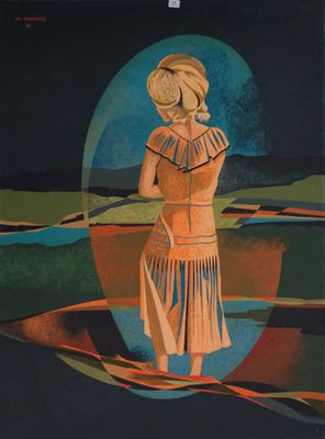 une image représentant un tableau où l'on voit une femme en robe debout dans l'eau
