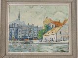 an image of a painting of a city by a body of water