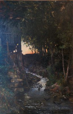 un tableau représentant un ruisseau traversant une zone boisée