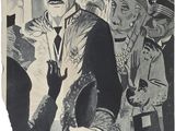 drawing of a man in a suit and tie standing in front of a group of people