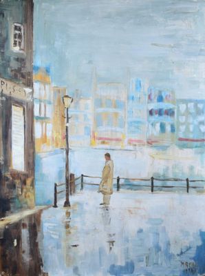 un tableau représentant un homme marchant dans la rue sous la pluie