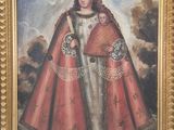 un vieux tableau représentant une femme en robe rouge tenant un éventail