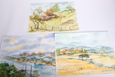 three watercolor paintings of a rural landscape with a house and a river