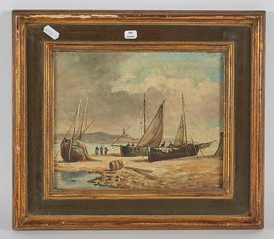 une peinture à l'huile représentant des bateaux sur la plage, au bord d'un plan d'eau