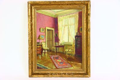 une peinture représentant une pièce aux murs roses, avec un tapis au sol