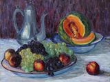 a painting of a plate of fruit and a pitcher on a table