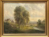 an oil painting of a landscape with a river and a house