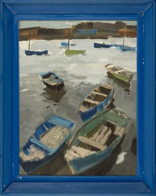 un tableau représentant un groupe de bateaux sur l'eau