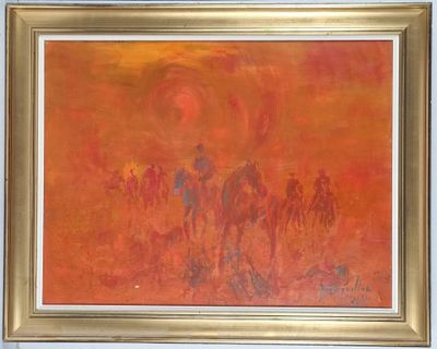 une peinture à l'huile représentant un groupe de personnes à cheval dans un champ