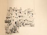 a black and white photo of a drawing of a house