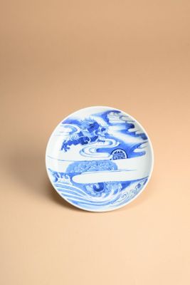 une photo d'une assiette bleue et blanche posée sur une table