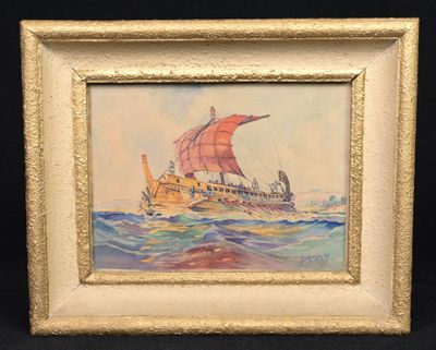 tableau représentant un bateau à voile rouge, dans un cadre doré