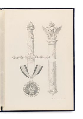 an open book with a drawing of a sword and a medal on it