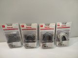 four different types of headphones in packaging on a white surface
