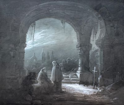 painting of a man and a woman standing in an archway in a castle