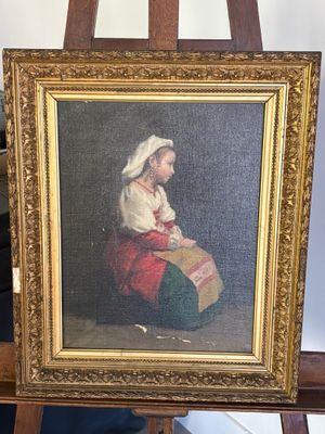 un tableau représentant une femme assise devant un chevalet