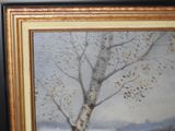 an oil painting of a tree in a field with a lake in the background