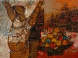 un tableau représentant une femme debout devant une corbeille de fruits