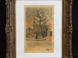 un tableau représentant un bâtiment avec un arbre devant