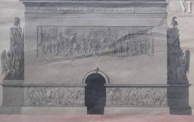 a drawing of a man standing in front of a monument