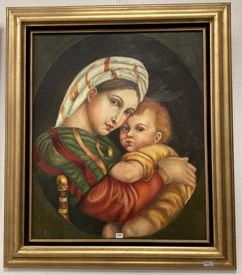 une peinture à l'huile représentant une femme tenant un bébé dans ses bras