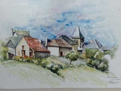 Le village de Soursac, aquarelle