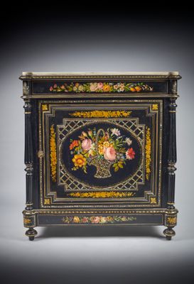 an image of a black and gold painted cabinet with flowers on it
