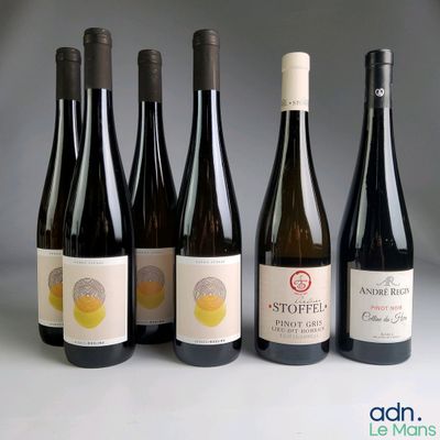 six bouteilles de vin sont alignées sur une table