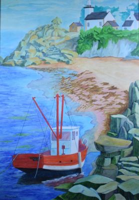 une peinture représentant un bateau sur l'eau, près d'un rivage rocheux