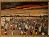 an oil painting of a crowd of people standing in a field