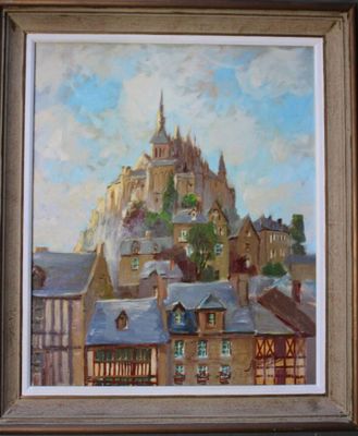 peinture représentant un tableau d'un château situé sur une colline, avec le ciel en arrière-plan