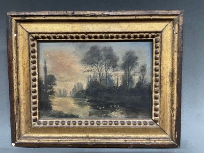 an old picture of a painting of a river with trees in the background
