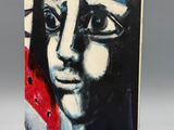 a painting of a woman ' s face with a piece of watermelon in her hand