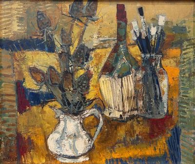 a painting of flowers in a vase on a table