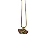 a gold necklace with a red and black medallion on it