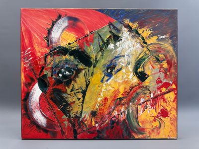 peinture représentant un taureau à cornes sur un fond rouge et jaune
