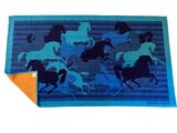 towels with horses running on them on a blue and orange background