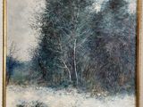 an oil painting of a snowy landscape with trees in the foreground