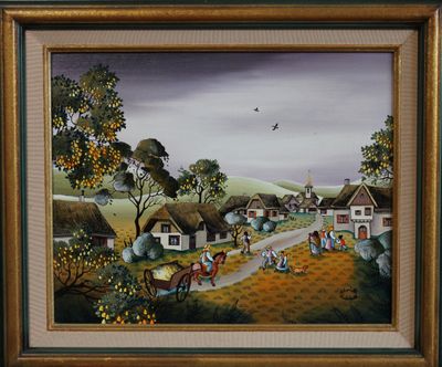 tableau représentant une scène de village avec une calèche au premier plan