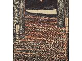 a drawing of a black cat with red eyes sitting on top of a rug