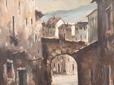tableau représentant une rue d'une ville avec un pont et des bâtiments
