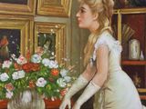 a painting of a woman arranging flowers on a table