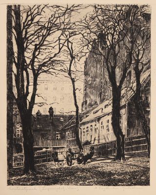 une image représentant un dessin en noir et blanc d'arbres et de bâtiments